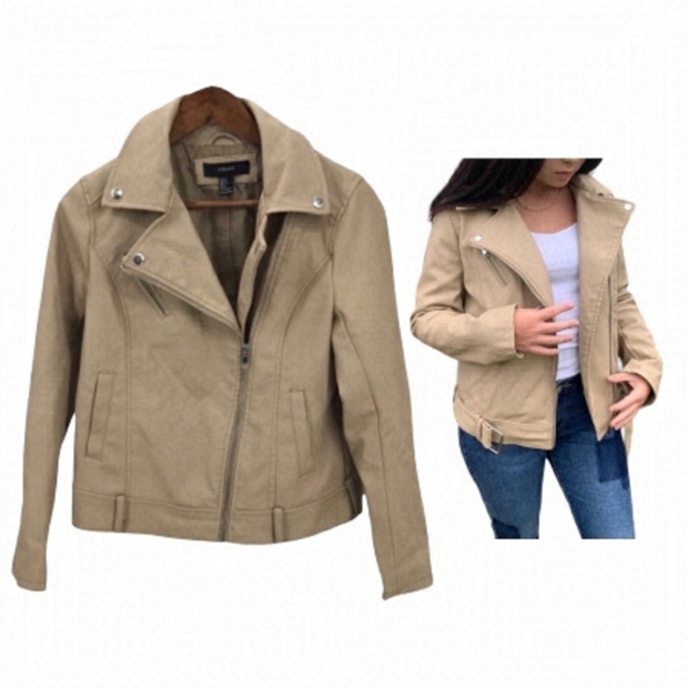 4/$45 Forever 21 Tan Brown Faux Vegan Leather Zip Up Moto Jacket size Small